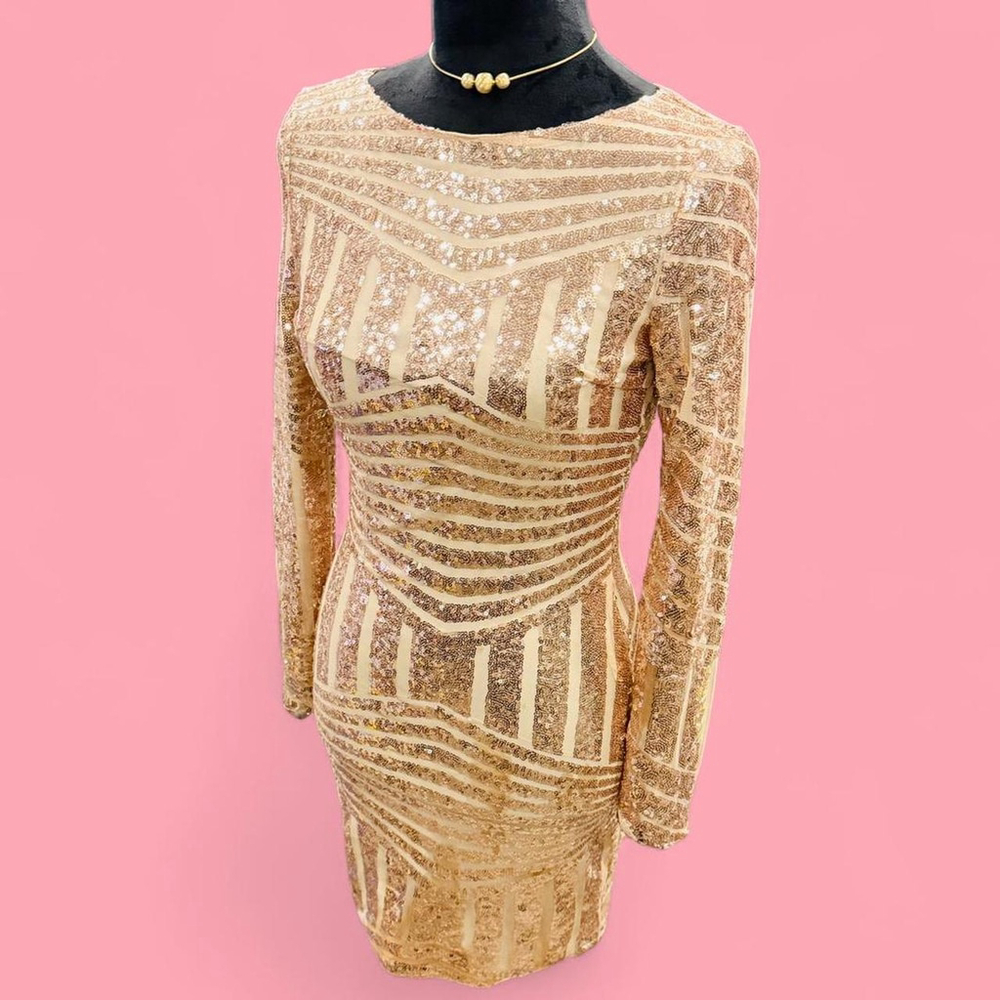 O Vianca Gold Sequin Bodycon Dress S Open Back Long Sleeve Party
